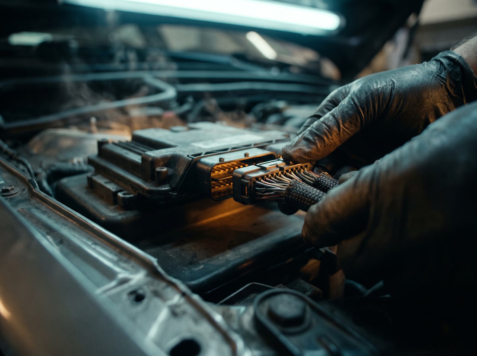 Technician connecting a diagnostic lead to a car's ECU wiring harness