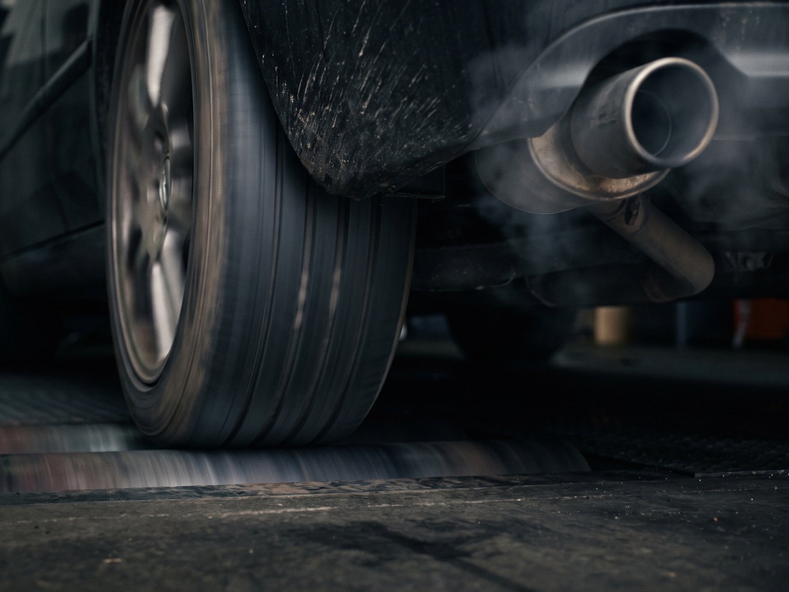 Car wheel on a rolling road dyno during a tuning pull